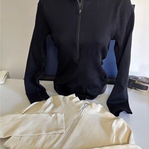 Black and Cream Ribbed Half-Zip Bodysuits